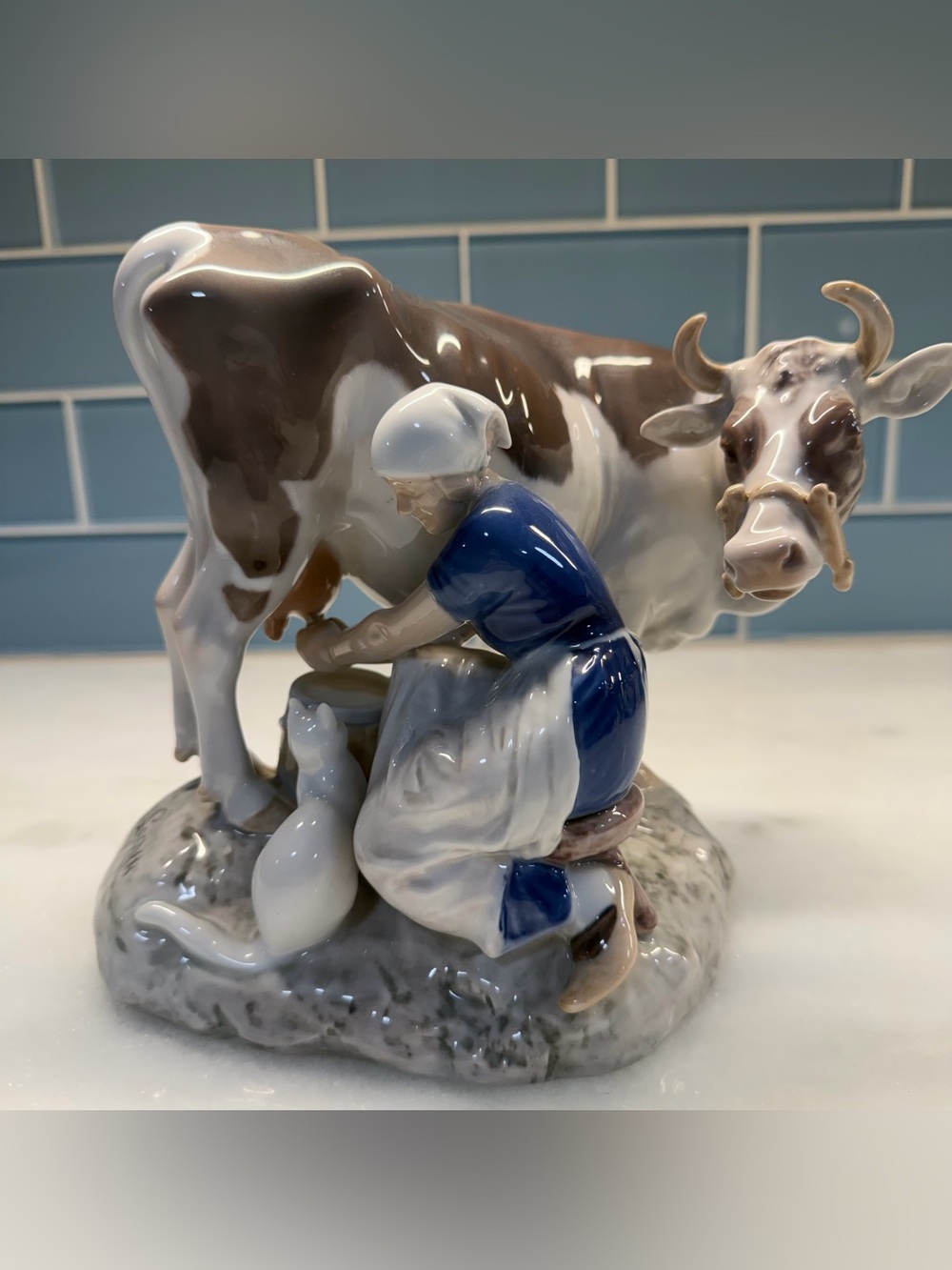 Bing & Grondahl B&G Axel Locher Milkmaid Cow Cat Porcelain Figurine 2017 7.5”